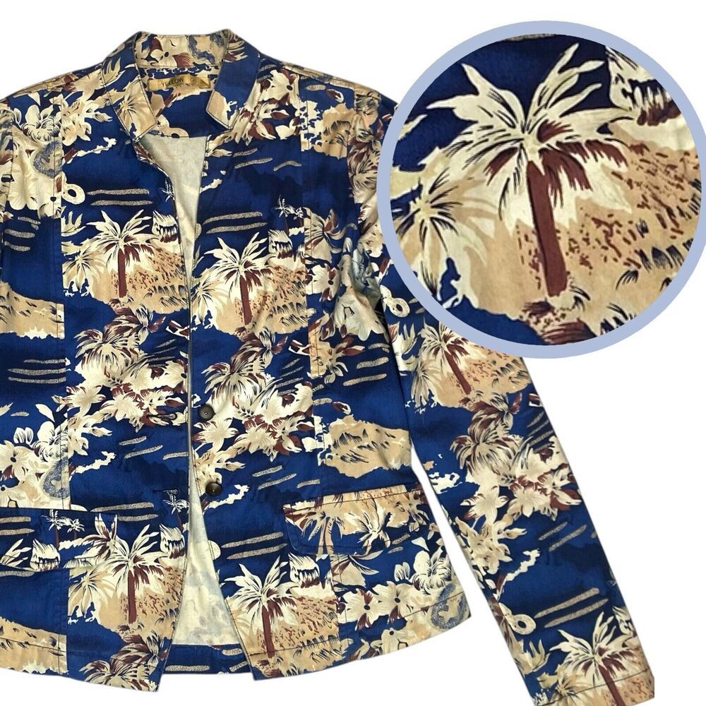Tropical Cotton Blazer Womens S Blue Lightweight Retro Coastal‎ Resort Vacation